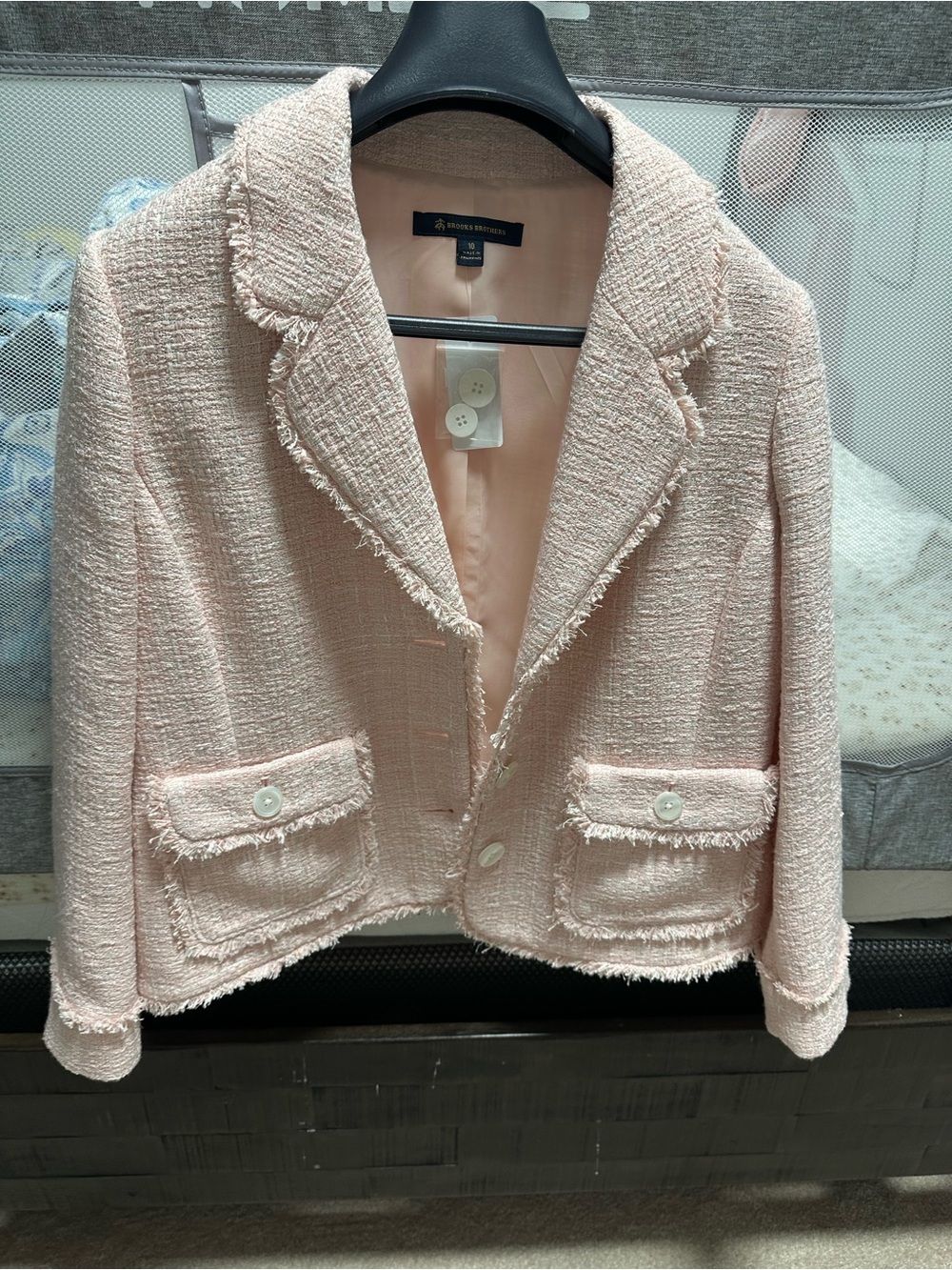 Brooks Brothers Light Pink Tweed Frayed-Trim Cropped Blazer